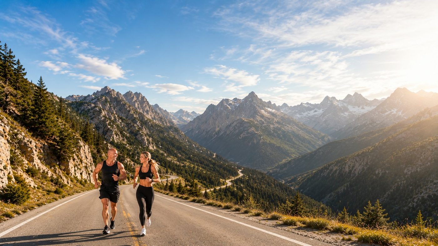 A couple running on a sunlit mountain road